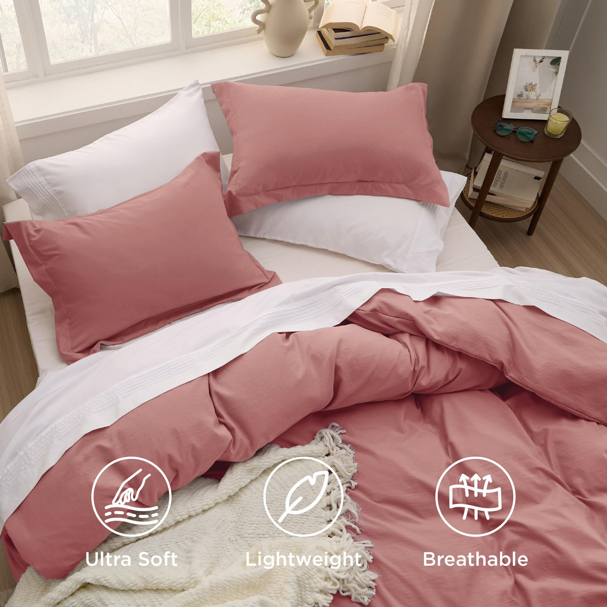 Bedsure pink clay bed setup with cohesive styling and soft textiles