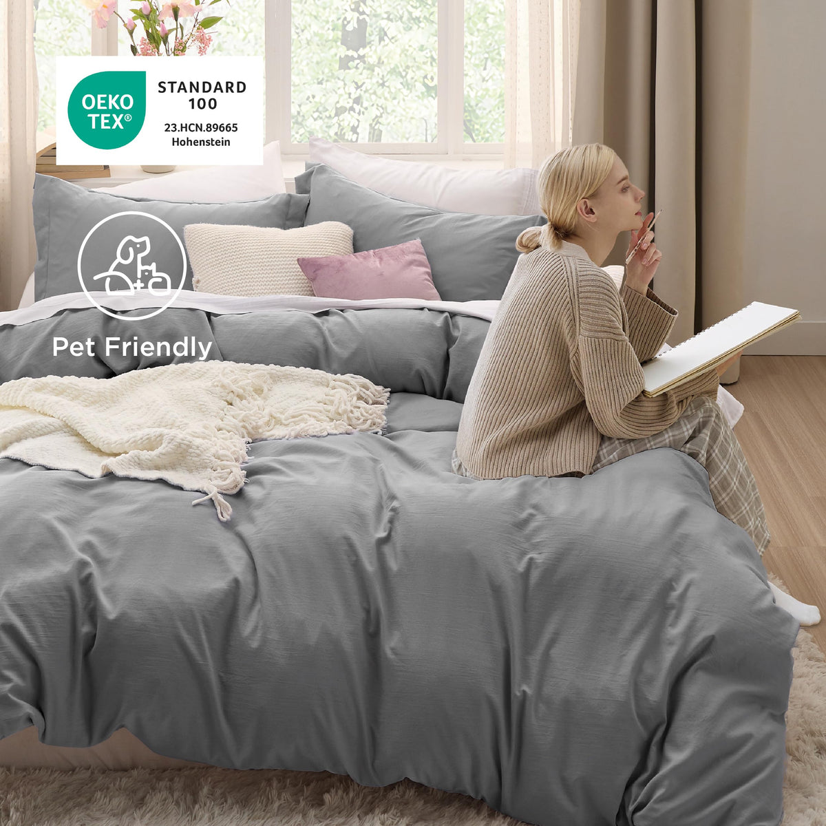Bedsure prewashed polyester fabric offers soft, quiet comfort.