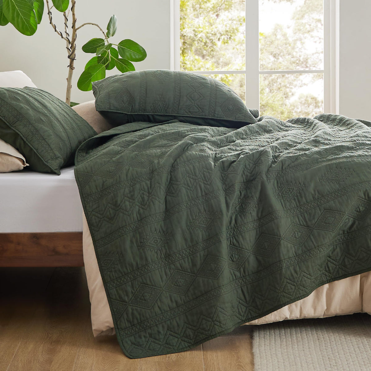 Bedsure queen-sized bedding in olive green, chic bedroom setup