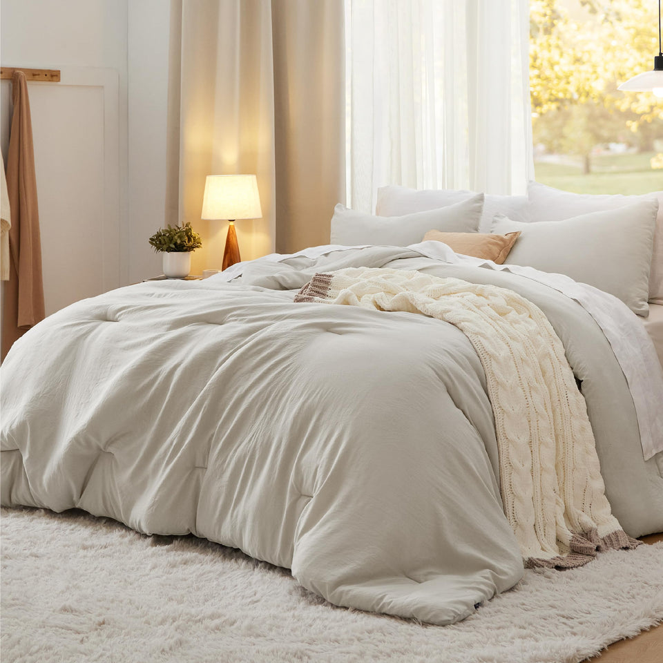 Bedsure queen comforter beige on bed for cozy all-season styling.