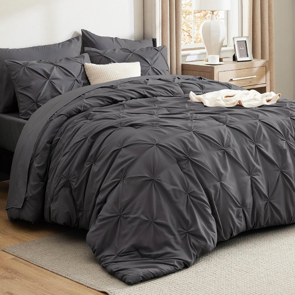 Bedsure queen comforter set in dark grey with soft microfiber texture for cozy nights