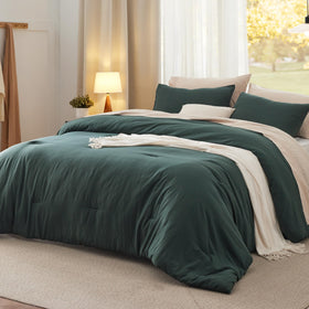 Bedsure queen comforter set in forest green on bed showing plush softness
