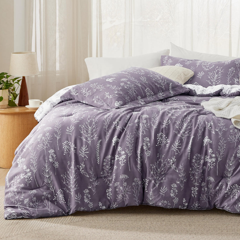 Bedsure queen comforter set with grayish purple floral print for modern bedroom style.