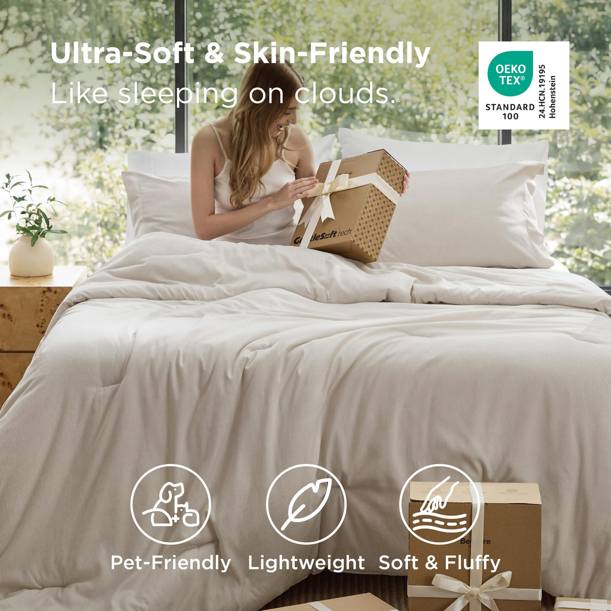 Bedsure comforter close-up showing heathered beige finish for timeless style