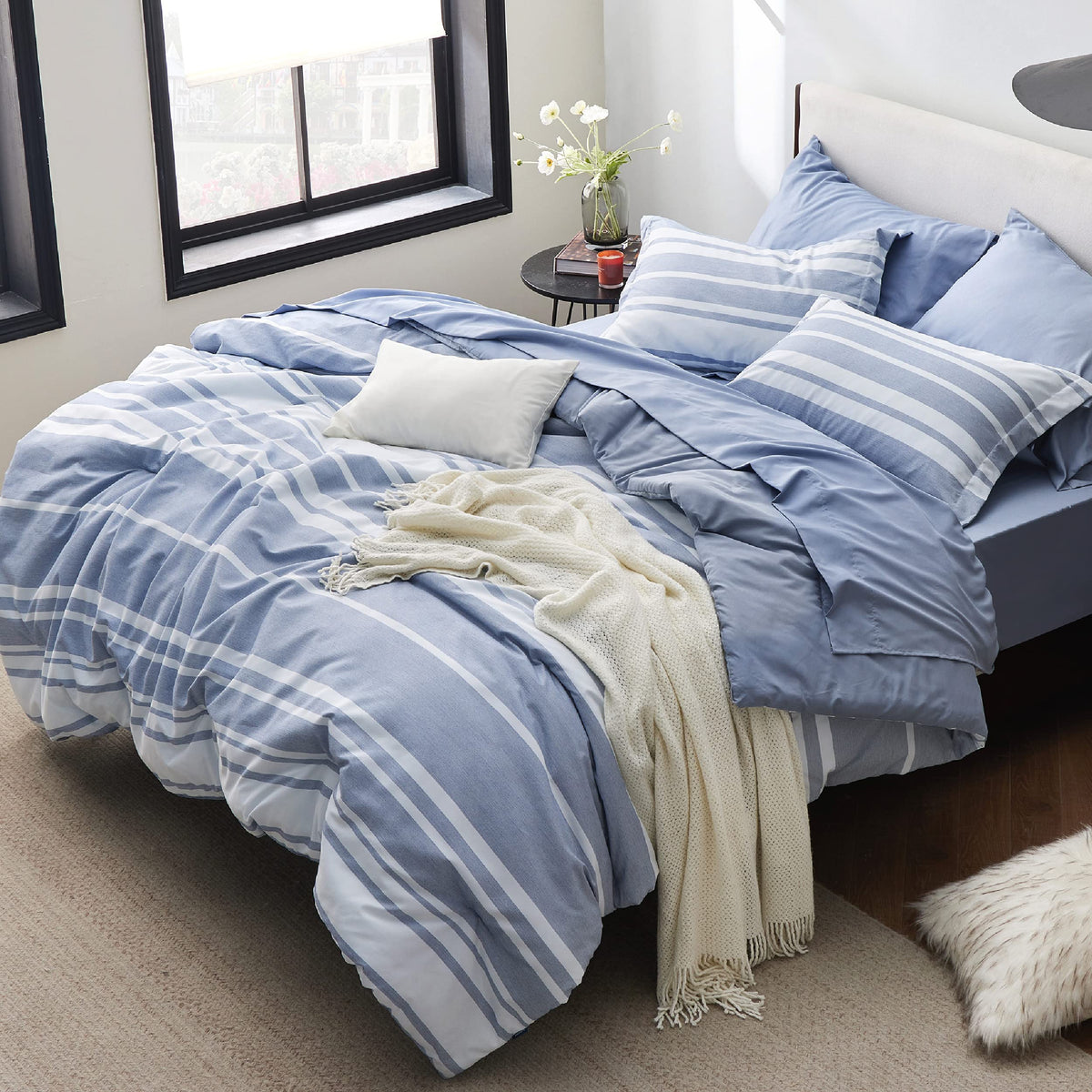 Bedsure queen blue-striped comforter close-up showing soft microfiber