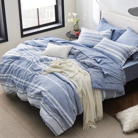 Bedsure queen blue-striped comforter close-up showing soft microfiber