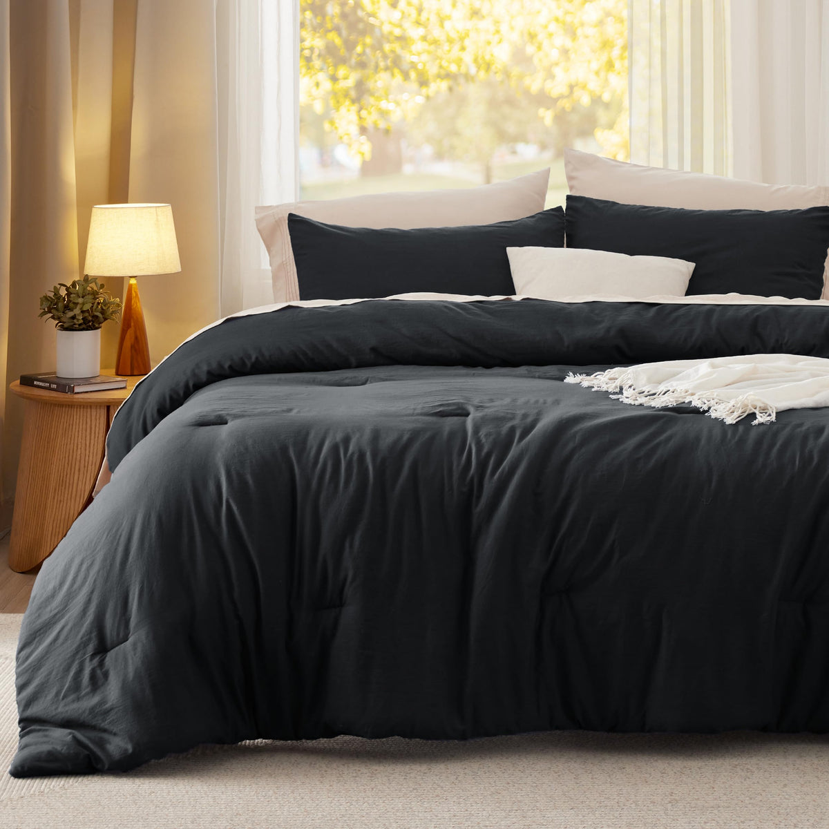 Bedsure queen comforter set styled for all seasons with easy care.