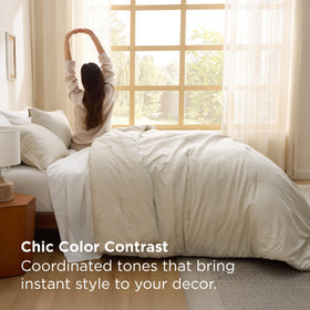 Bedsure queen comforter set beige bed-in-a-bag display shows easy setup and complete look.