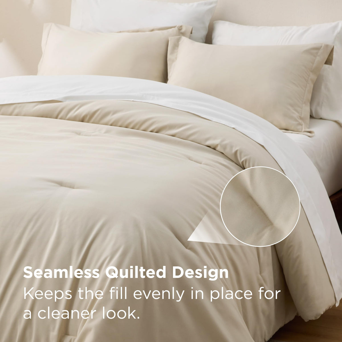 Bedsure queen comforter set beige microfiber fabric emphasizes durability and softness.