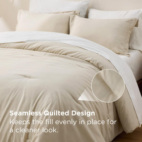 Bedsure queen comforter set beige microfiber fabric emphasizes durability and softness.