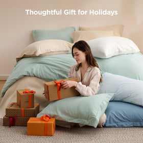 Bedsure queen comforter set beige packaging showcases gift-ready presentation.