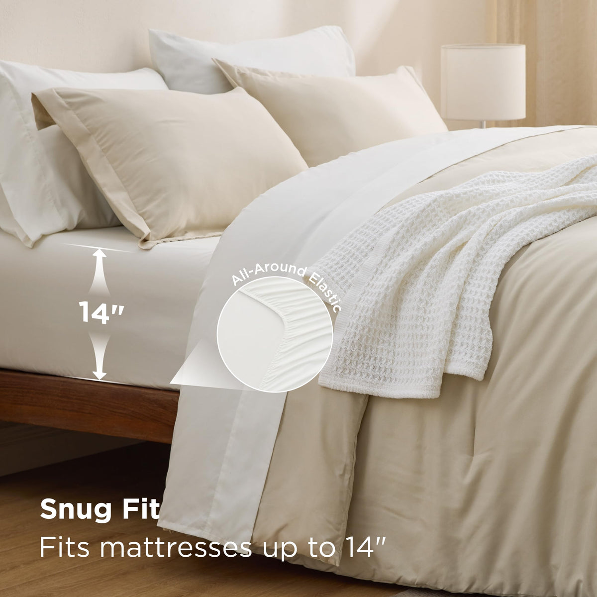 Bedsure queen comforter set beige pillows shams closeup signals premium craft.