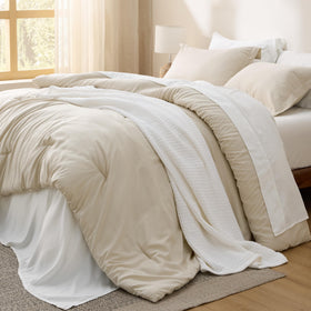 Bedsure queen comforter set beige view showing soft texture and all-season warmth.
