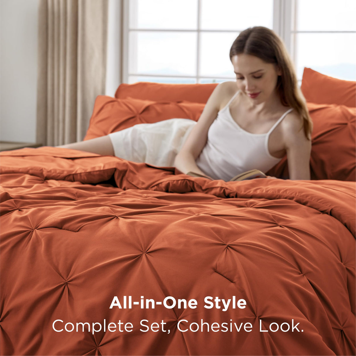 Bedsure queen comforter set burnt orange shams elevate bed presentation with refined tailoring