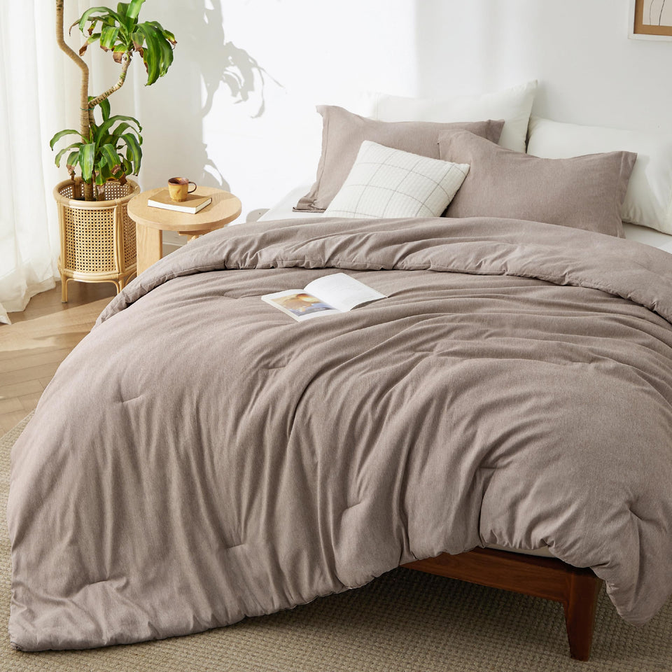 Bedsure queen comforter set in khaki with soft fabric for year-round comfort