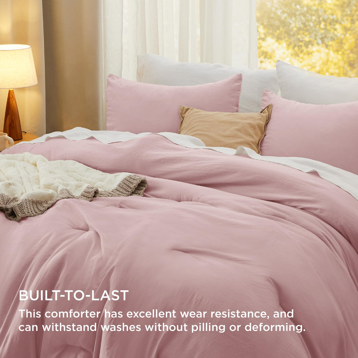 Bedsure Queen Comforter Set pink packaging close-up showing quality