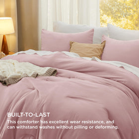 Bedsure Queen Comforter Set pink packaging close-up showing quality