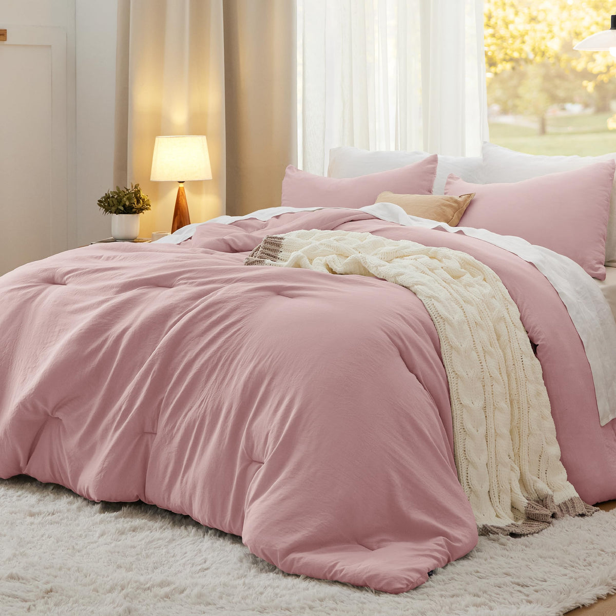 Bedsure Queen Comforter Set pink soft-texture close-up for cozy nights
