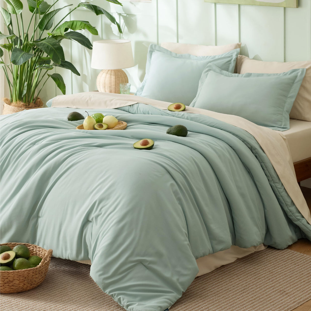 Bedsure queen comforter set in sage green with boho contrast for year-round coziness