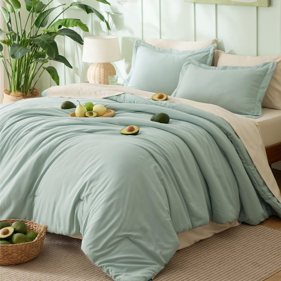 Bedsure queen comforter set in sage green with boho contrast for year-round coziness