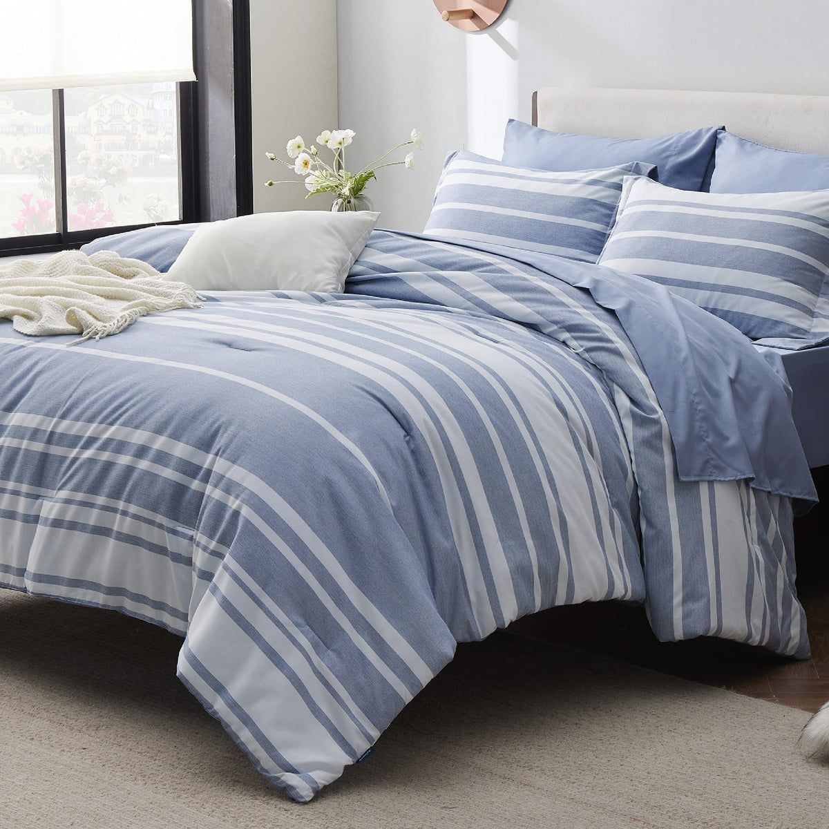 Bedsure queen fitted sheet blue stripes for secure fit
