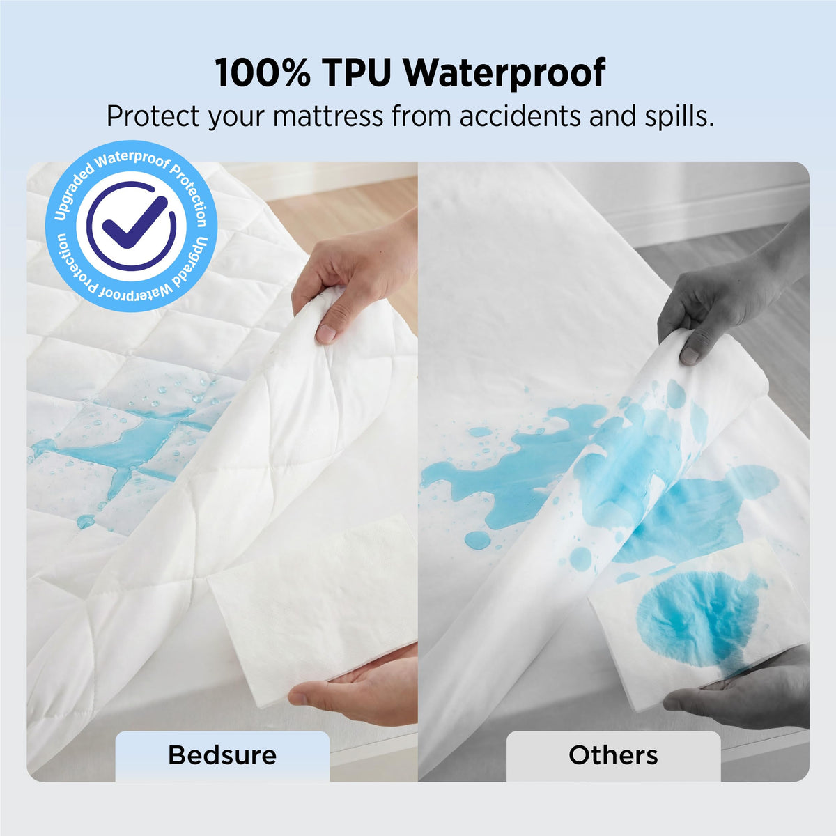 Bedsure queen mattress protector four-layer design highlighting softness and waterproofing