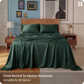 Bedroom setup shows hotel-luxury style and cooling comfort on a green-dyed bedsheet.
