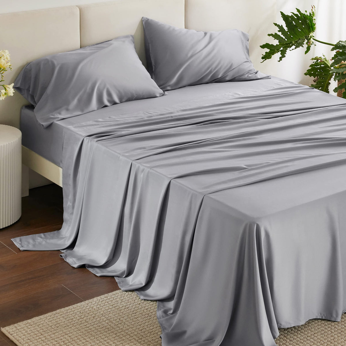 Bedsure queen cooling sheet set shows breathable bamboo rayon for cooler nights.