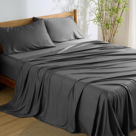 Bedsure queen sheet set flat sheet in charcoal shows silky bamboo rayon for cooling comfort.