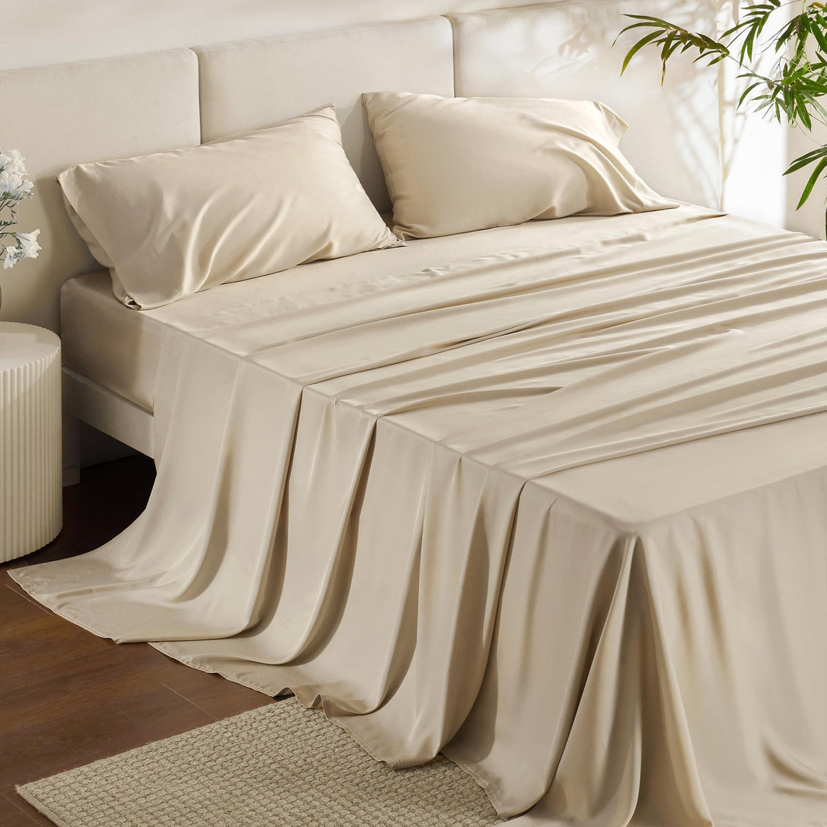 Bedsure queen sheet set flat sheet shows silky bamboo rayon for cool comfort