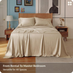 Bedsure queen sheet set on bed radiates hotel-style luxury in beige