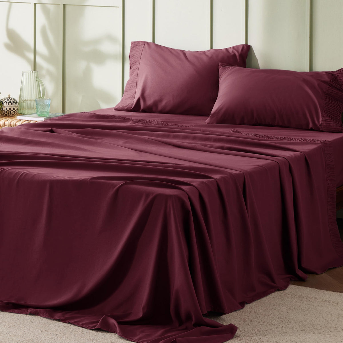 Bedsure queen sheet set pillowcase ruched hem adds subtle luxury.