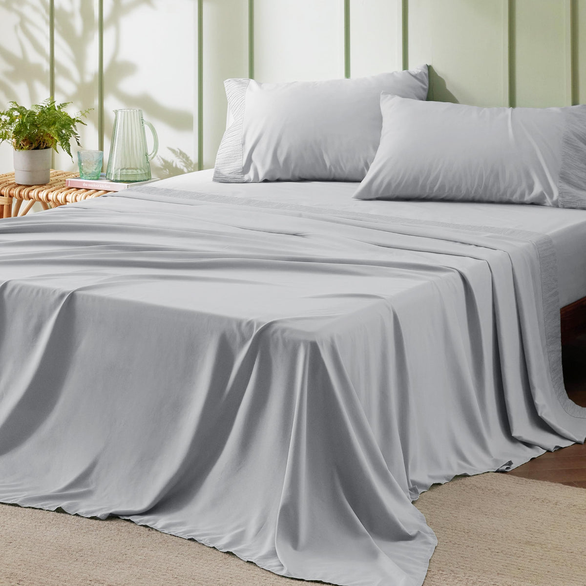 Bedsure queen sheet set with ruched pillowcases for an elegant bedroom touch.