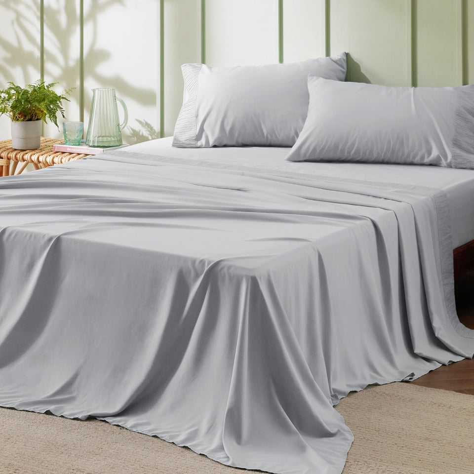 Bedsure queen sheet set with ruched pillowcases for an elegant bedroom touch.