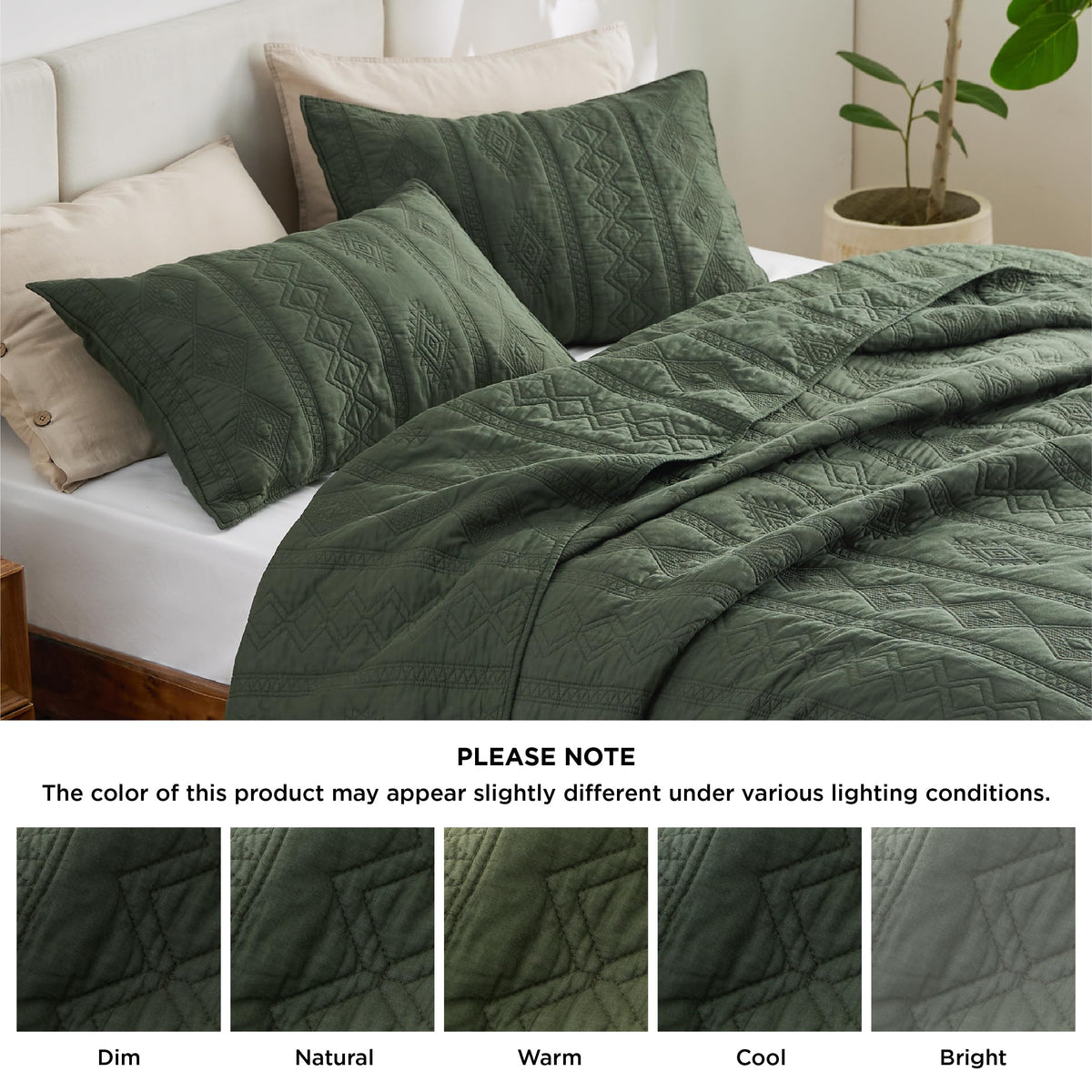 Bedsure olive green quilt arranged beside pillows, decorative bed cover