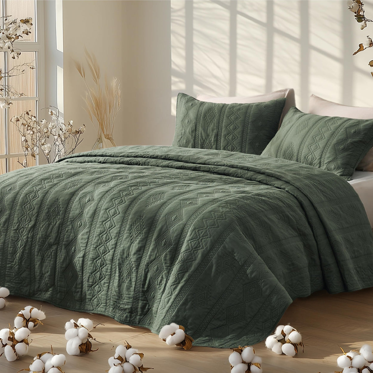 Bedsure stitching detail on olive green quilt adds refined texture