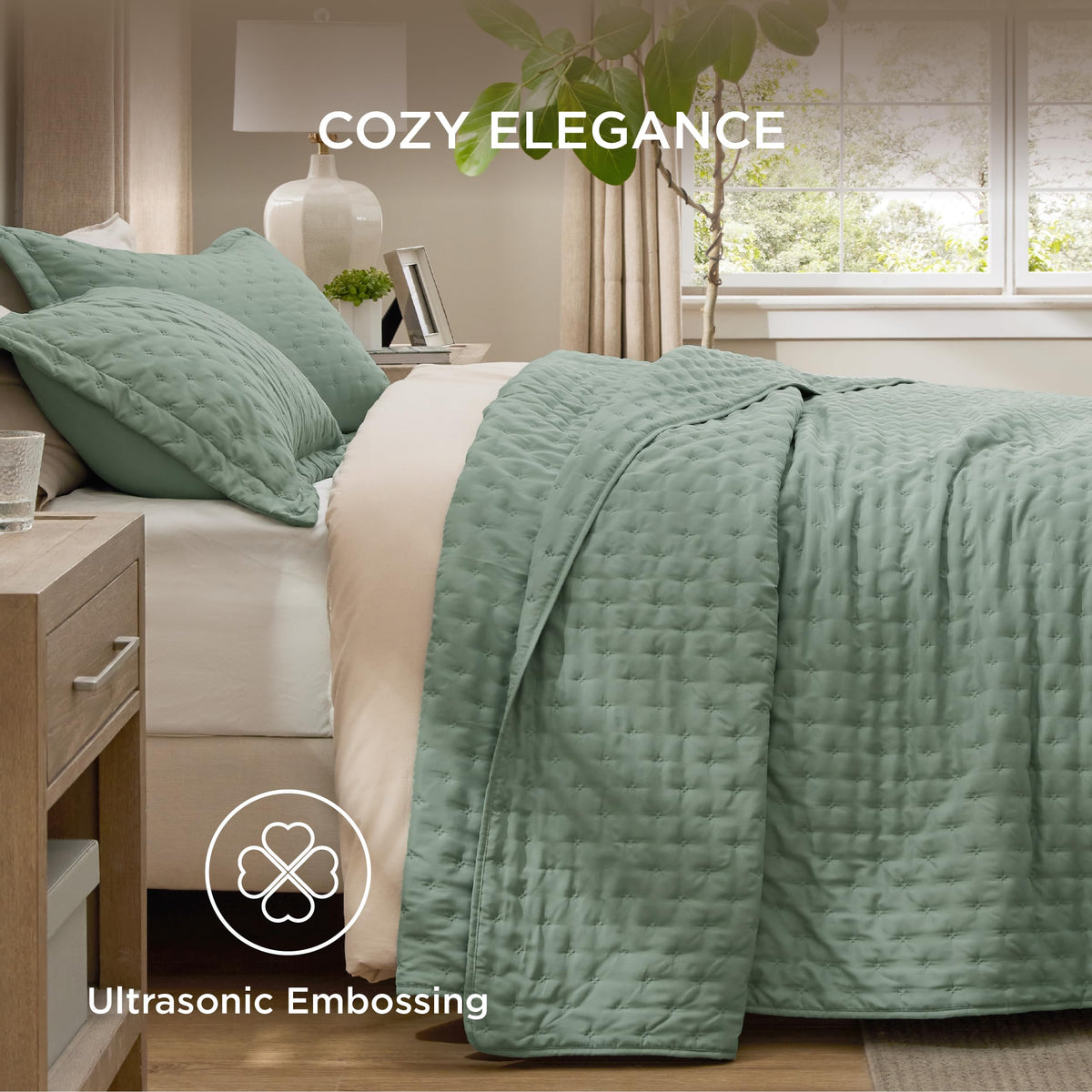 Bedsure Quilts Queen Sage Green all-season weight on bed