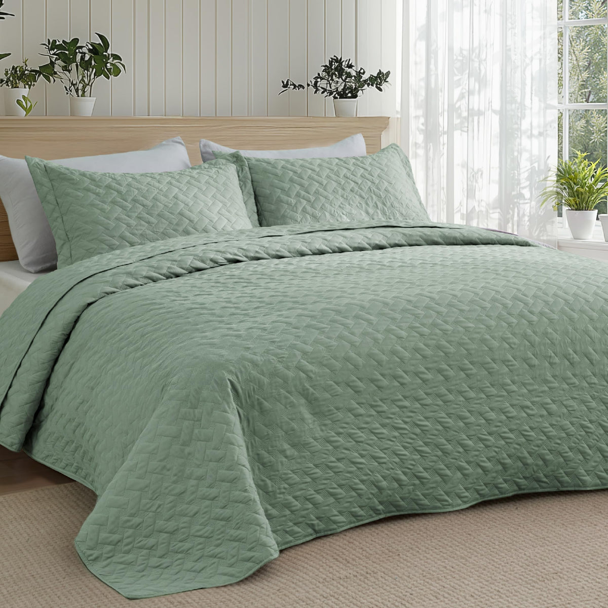 Bedsure queen sage green quilt with basket weave on bed for year-round comfort.