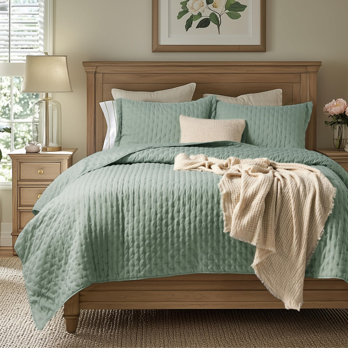 Bedsure Quilts Queen Sage Green coverlet with embossed pattern for subtle texture