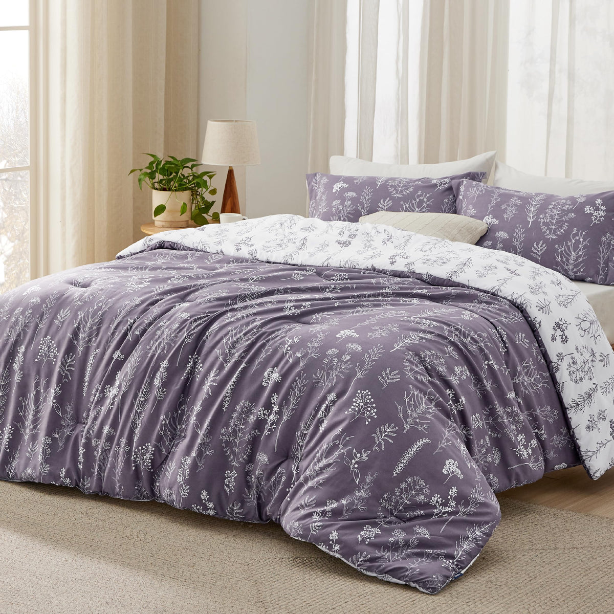 Bedsure reversible botanical flowers comforter for two decor looks.
