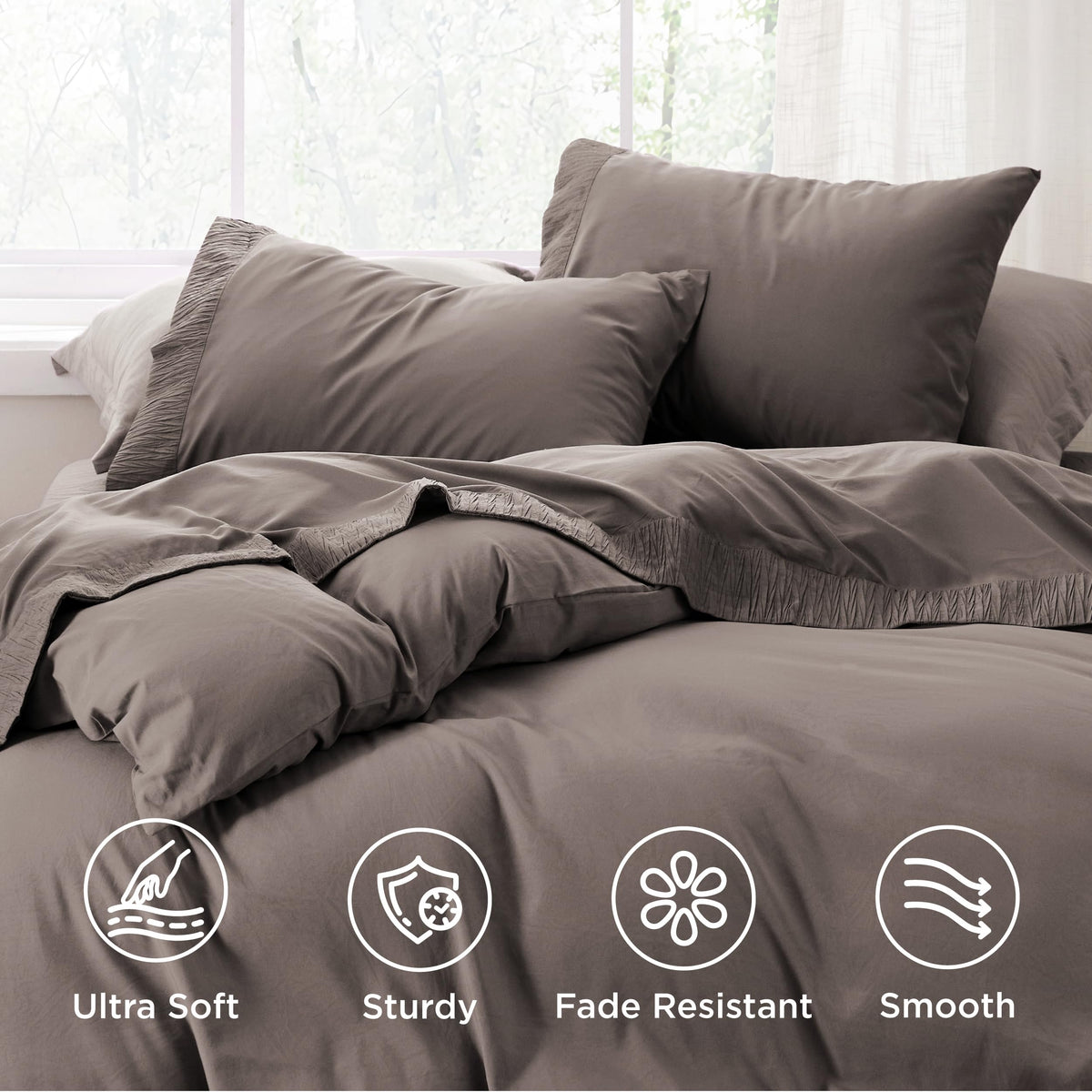 Bedsure ruched-hem detail adds a polished border and hotel-like look.