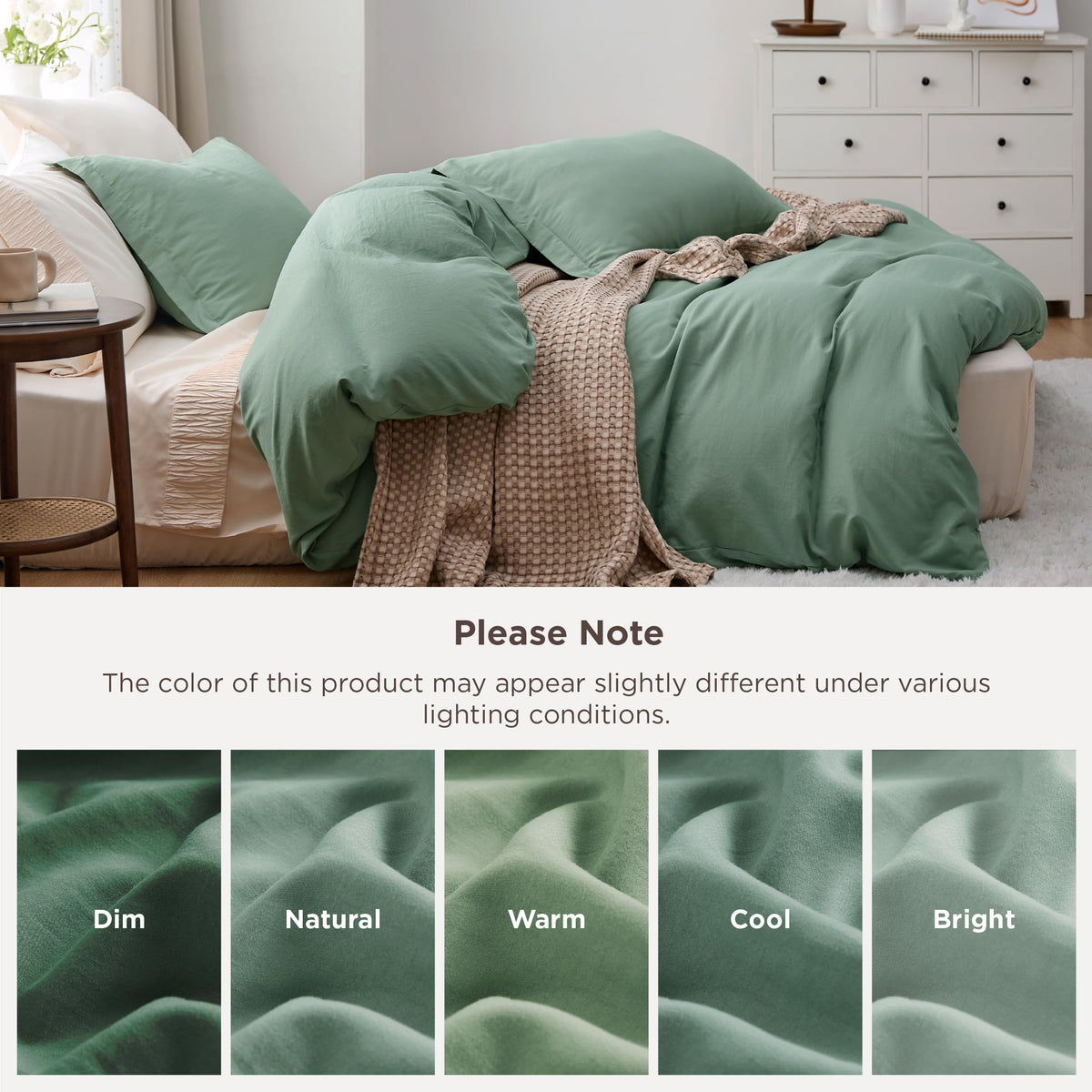 Bedsure sage green oversized king duvet cover color swatch showcases color richness.