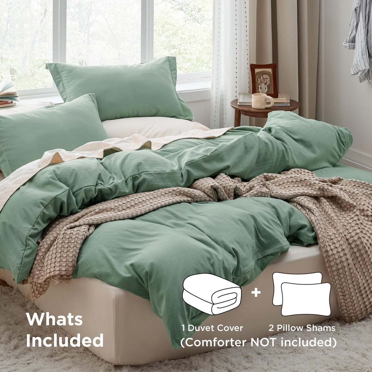 Bedsure sage green oversized king duvet cover folded setup shows relaxed inviting styling.