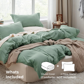 Bedsure sage green oversized king duvet cover folded setup shows relaxed inviting styling.