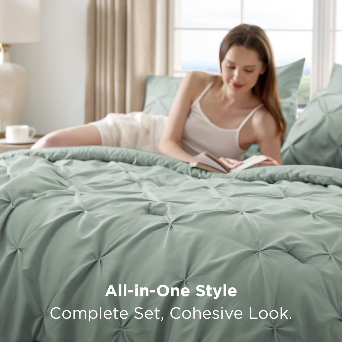 Bedsure sage green pintuck detail on bed with cozy textiles