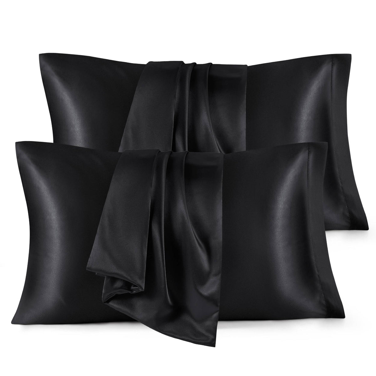 Bedsure satin pillowcase black 4-pack with smooth surface for gentle hair care.
