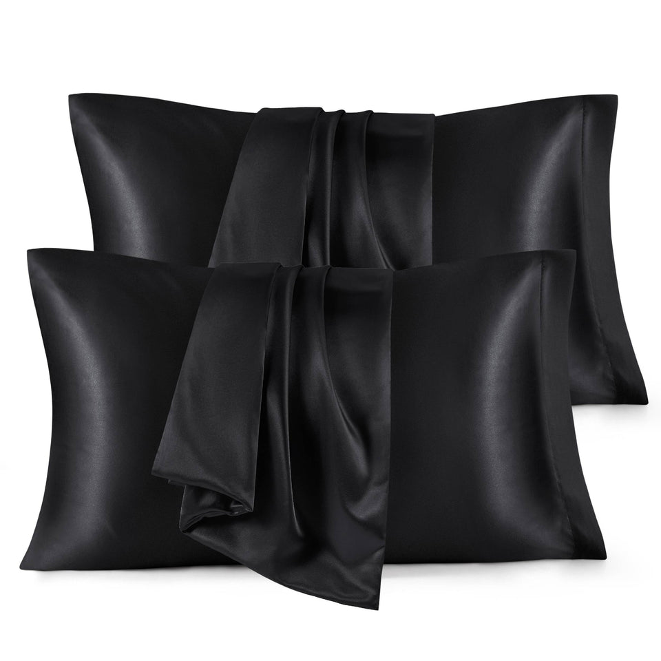 Bedsure satin pillowcase black 4-pack with smooth surface for gentle hair care.