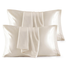 Bedsure satin pillowcase four-pack in beige for silky hair and skin care.
