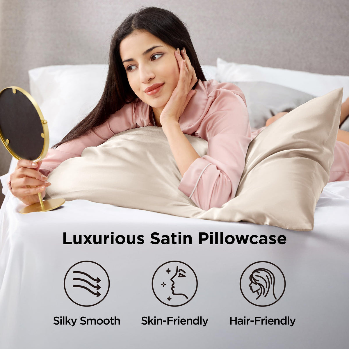 Bedsure satin pillowcase queen beige with envelope closure keeps pillow secure.