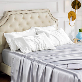 Bedsure satin pillowcase queen on bed with pillows, elegant night-time setup